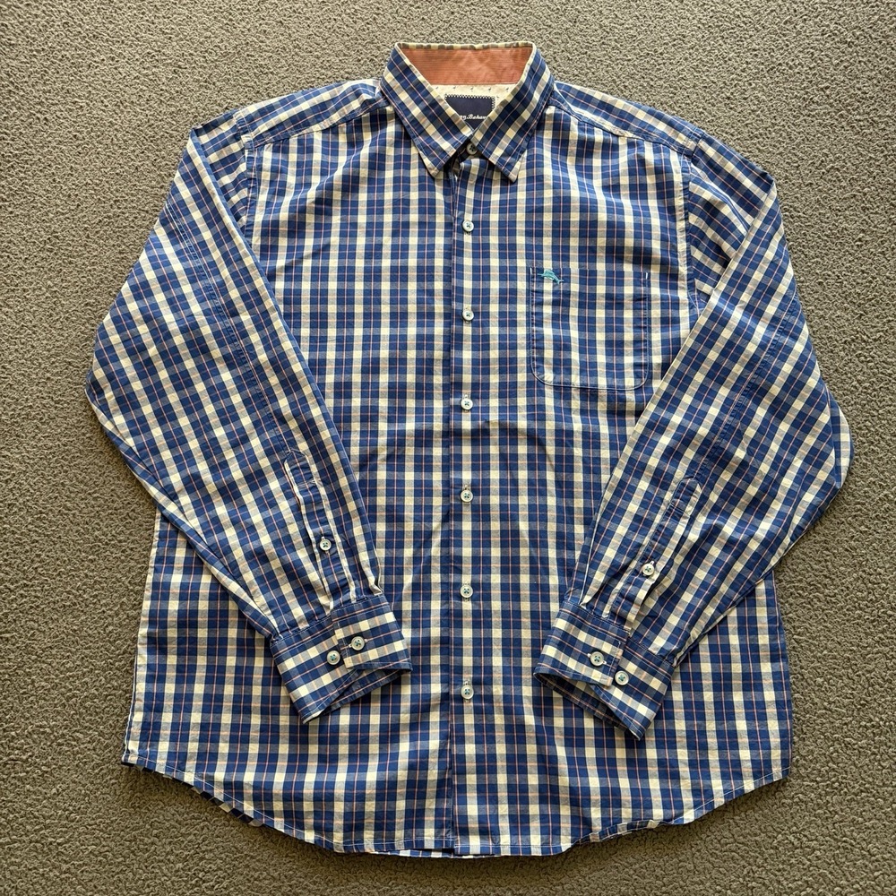 Tommy Bahama Blue Plaid 100% Pima Cotton Long Sleeve Button Up Shirt Mens Medium